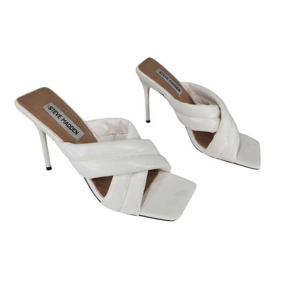 Steve Madden 9 Stilleto Heel Sandals Lyric Womens White Slip On Square Toe Mules - Picture 1 of 12